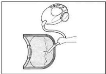 Illustration of a hand holding a device connected to a curved surface, with no visible text or symbols.