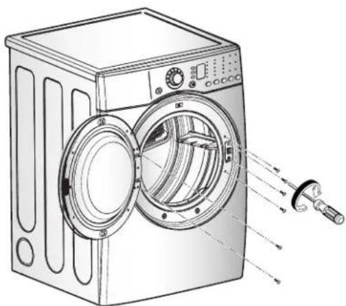Technical line drawing of a washing machine with open door and internal components (no text or symbols)