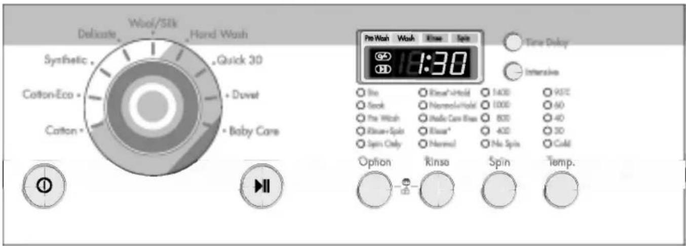 Delicate Wool/Silk Hand Wash Synthetic Quick 30 Cotton-Eco + Duvet Cotton + Baby Care 18:30 Pre Wash Wash Kinsa Spin Time Delay Intensive Box Kinsa*Hold 1400 957E Suck NormaluHold 1000 60 Pre Wash Static Care Loss 800 40 Kinsen-Spike Kinsa* -400 30 Spin Only Normal No Spits Cold Option Kinse Spin Temp.