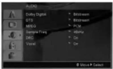 AUDIO Dolby Digital DTS MPEG Senspris Freq DRC Voxel • Bitscreen • Bitscreen • PCM • 40kHz • On • On • Move Select