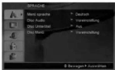 SPRACHE Menu sprache Disc Audio Disc Untartitel Disc Mani Deutsch Voreinstellung Aus Voreinstellung Bewegen Auswählen