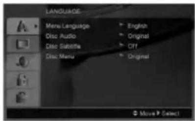 LANGUAGE Menu Language English Disc Audio Original Disc Subtable Off Disc Menu Original Move > Select>