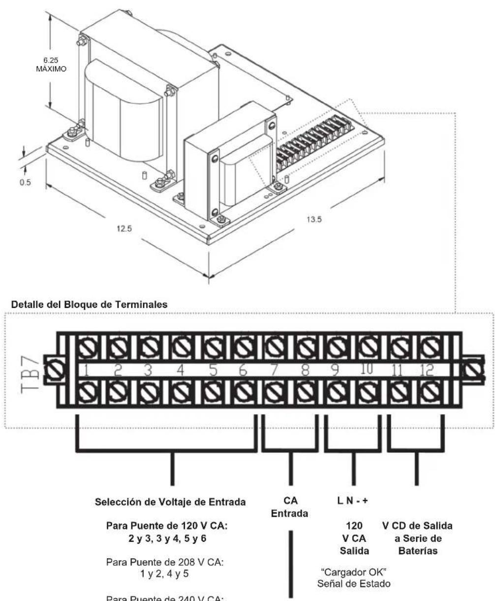 6.25 MÁXIMO 0.5 12.5 13.5 Detalle del Bloque de Terminales TB7 Selección de Voltaje de Entrada Para Puente de 120 V CA: 2 y 3, 3 y 4, 5 y 6 Para Puente de 208 V CA: 1 y 2, 4 y 5 Para Puente de 240 V CA: CA Entrada LN - + 120 V CD de Salida V CA a Serie de Salida Baterías "Cargador OK" Señal de Estado
