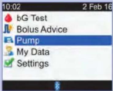 10:02 2 Feb 16 bG Test Bolus Advice Pump My Data Settings
