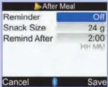 After Meal Reminder Off Snack Size 24 g Remind After 2:00 HH MM Cancel Save
