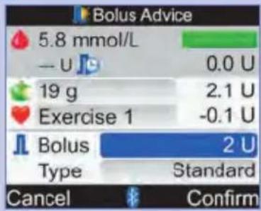 Bolus Advice 5.8 mmol/L — U 0.0 U 19 g 2.1 U Exercise 1 -0.1 U Bolus 2 U Type Standard Cancel Confirm