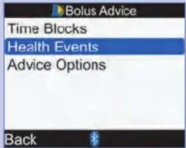 Bolus Advice Time Blocks Health Events Advice Options Back