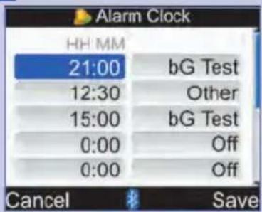 Alarm Clock HH: MM 21:00 bG Test 12:30 Other 15:00 bG Test 0:00 Off 0:00 Off Cancel Save
