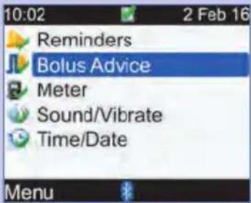 10:02 2 Feb 16 Reminders Bolus Advice Meter Sound/Vibrate Time/Date Menu