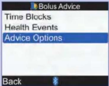 Bolus Advice Time Blocks Health Events Advice Options Back