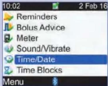 10:02 2 Feb 16 Reminders Bolus Advice Meter Sound/Vibrate Time/Date Time Blocks Menu