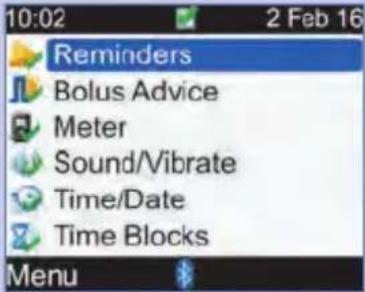 Reminders Bolus Advice Meter Sound/Vibrate Time/Date Time Blocks Menu