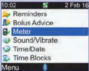 10:02 2 Feb 16 Reminders Bolus Advice Meter Sound/Vibrate Time/Date Time Blocks Menu