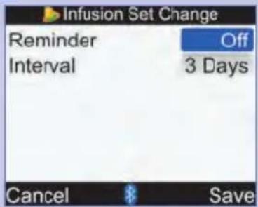 Infusion Set Change Reminder Off Interval 3 Days Cancel Save