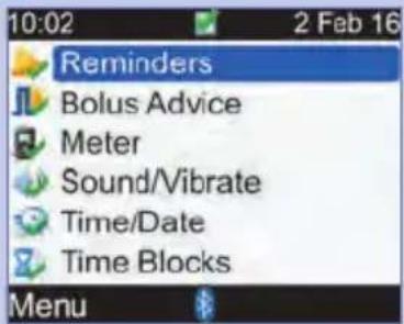 10:02 2 Feb 16 Reminders Bolus Advice Meter Sound/Vibrate Time/Date Time Blocks Menu