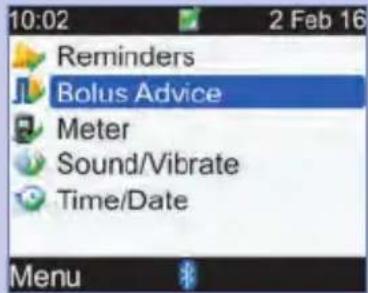 10:02 2 Feb 16 Reminders Bolus Advice Meter Sound/Vibrate Time/Date Menu