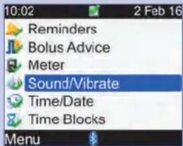 10:02 2 Feb 16 Reminders Bolus Advice Meter Sound/Vibrate Time/Date Time Blocks Menu