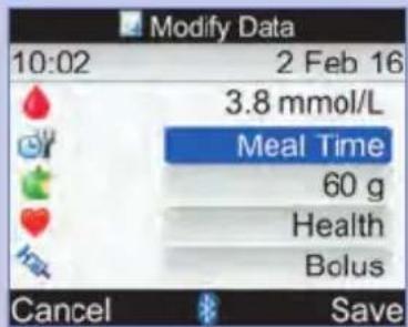 Modify Data 10:02 2 Feb 16 3.8 mmol/L Meal Time 60 g Health Bolus Cancel Save