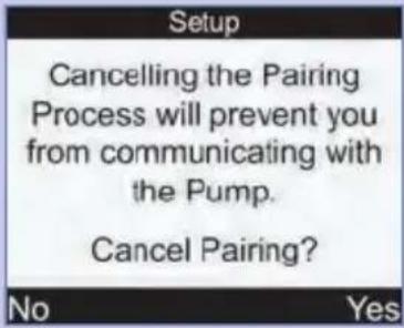 Setup Cancelling the Pairing Process will prevent you from communicating with the Pump. Cancel Pairing? No Yes