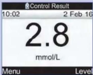 Control Result 10:02 2 Feb 16 2.8 mmol/L Menu Level