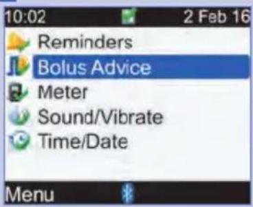 10:02 2 Feb 16 Reminders Bolus Advice Meter Sound/Vibrate Time/Date Menu