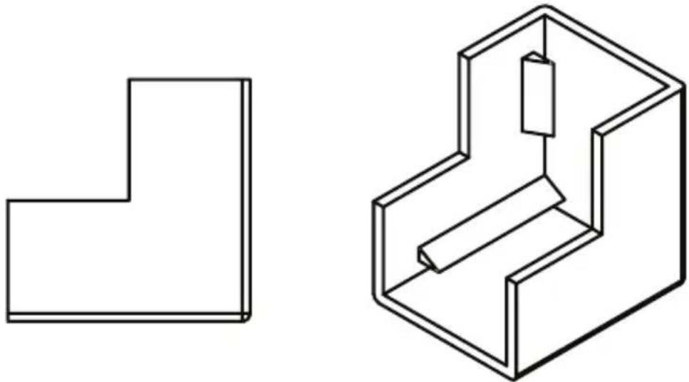 Two technical line drawings of 3D mechanical parts: a stepped L-shaped block and a stepped U-shaped housing (no text or symbols)