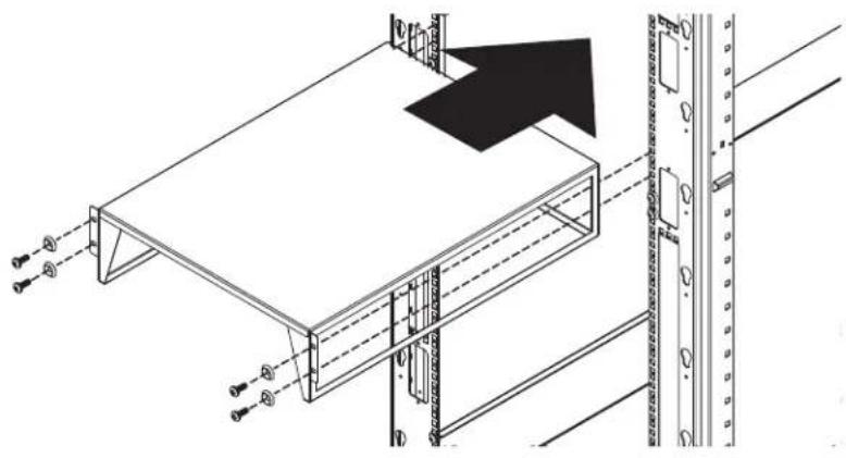 Technical line drawing of a server rack with mounting brackets and vertical railings (no text or symbols)