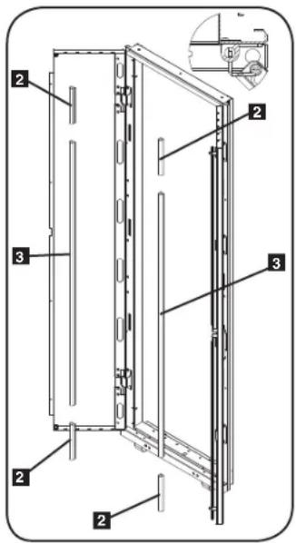 Technical diagram of a refrigerator frame with numbered components and an inset view showing a close-up of the front panel.