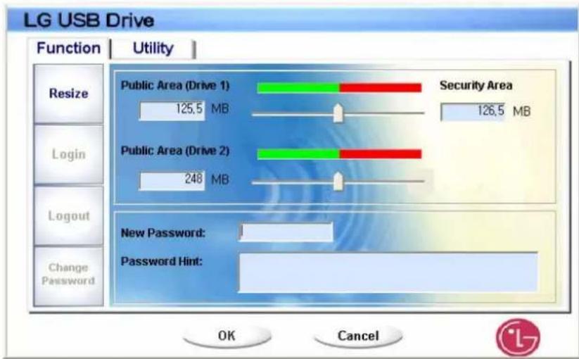 LG USB Drive Function | Utility | Resize Login Logout Change Password Public Area (Drive 1) 125.5 MB Security Area 126.5 MB Public Area (Drive 2) 248 MB New Password: Password Hint: OK Cancel