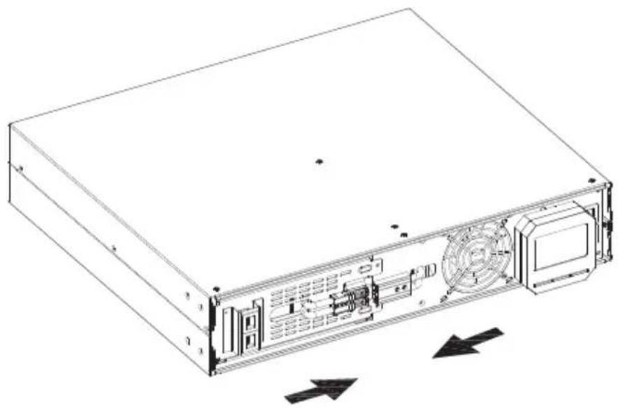 Technical line drawing of a server rack with ventilation ducts and drive bays (no text or symbols)