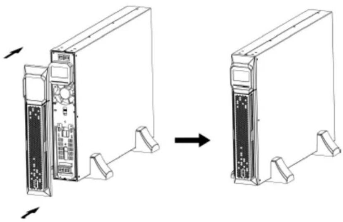 Diagram showing device rear panel change from front to side view, with arrows indicating direction (no text or symbols)