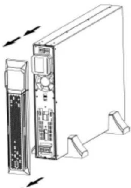 Technical line drawing of a server rack with ports and connectors, showing front panel and side arm (no text or symbols)