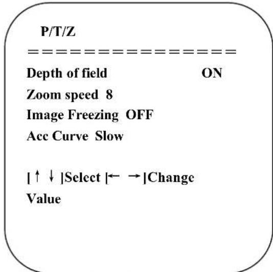P/T/Z --------=--------= Depth of field ON Zoom speed 8 Image Freezing OFF Acc Curve Slow |↑↓|Select |← →|Change Value