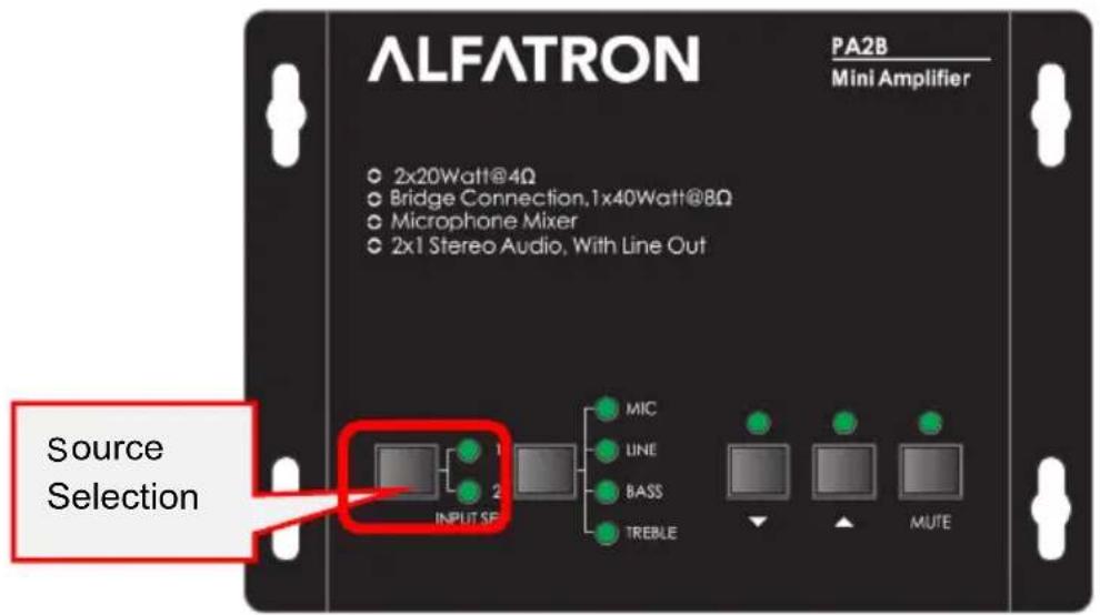 ALFATRON PA2B Mini Amplifier ○ 2x20Watt@4Ω ○ Bridge Connection,1x40Watt@8Ω ○ Microphone Mixer ○ 2x1 Stereo Audio, With Line Out Source Selection ● 1 ● 2 ● MIC ● LINE ● BASS ● TREBLE ● MUTE