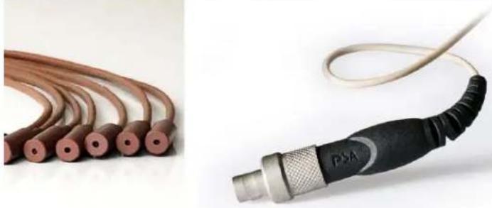 Two electronic components: a coiled brown cable and a connected black PSA connector (no text or symbols visible)