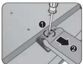 Diagram showing screwdriver tool interacting with a mechanical component, labeled with parts ① and ②