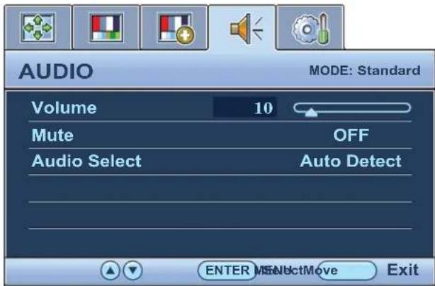 AUDIO MODE: Standard Volume 10 Mute OFF Audio Select Auto Detect ENTER SELECTMove Exit