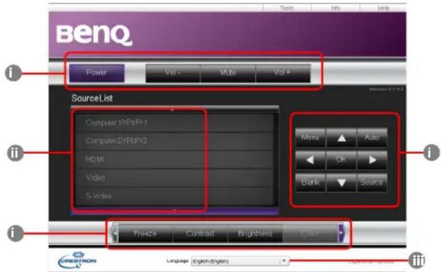 BenQ Power Vol + Muto Vol + SourceList Computer1/YPtPf1 Computer2/YPLPf2 HDMI Video S-Video Menu Auto Back Source i ii i Freeze Contrast Brightness CREDITRON Language: English (English) Explanation System