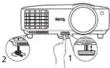 Diagram showing a projector with labeled parts and two circular insets illustrating the components of the device.