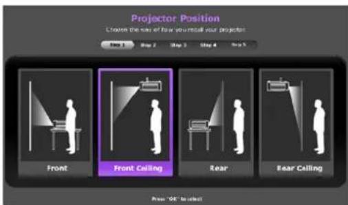 Projector Position Choose the way of how you install your projector Step 1 Step 2 Step 3 Step 4 Step 5 Front Front Ceiling Rear Rear Calling Press "OK" to select