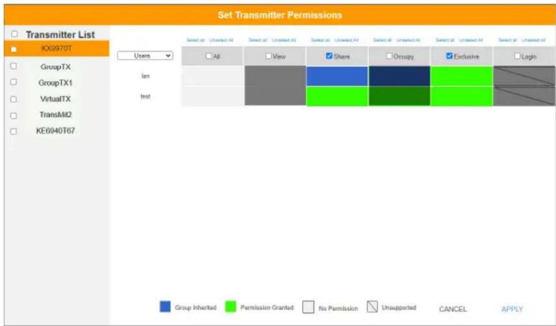 Set Transmitter Permissions Transmitter List IOX9970T Users GroupTX GroupTX1 VirtualTX TransMit2 KE6940T67 Users View Share Occupy Exclusive Login lan test Group Inherited Permission Granted No Permission Unsupported CANCEL APPLY