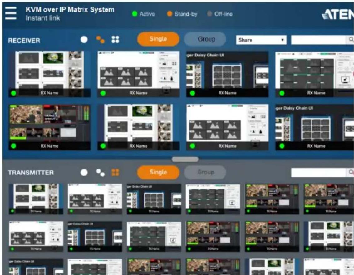 KVM over IP Matrix System Instant link Active Stand-by Off-line RECEIVER Single Group Share ger Daisy Chain UI RX Name RX Name RX Name RX Name RX Name TRANSMITTER Single Group ger Daisy Chain UI TX Name TX Name TX Name TX Name TX Name ger Daisy Chain UI TX Name TX Name TX Name TX Name TX Name