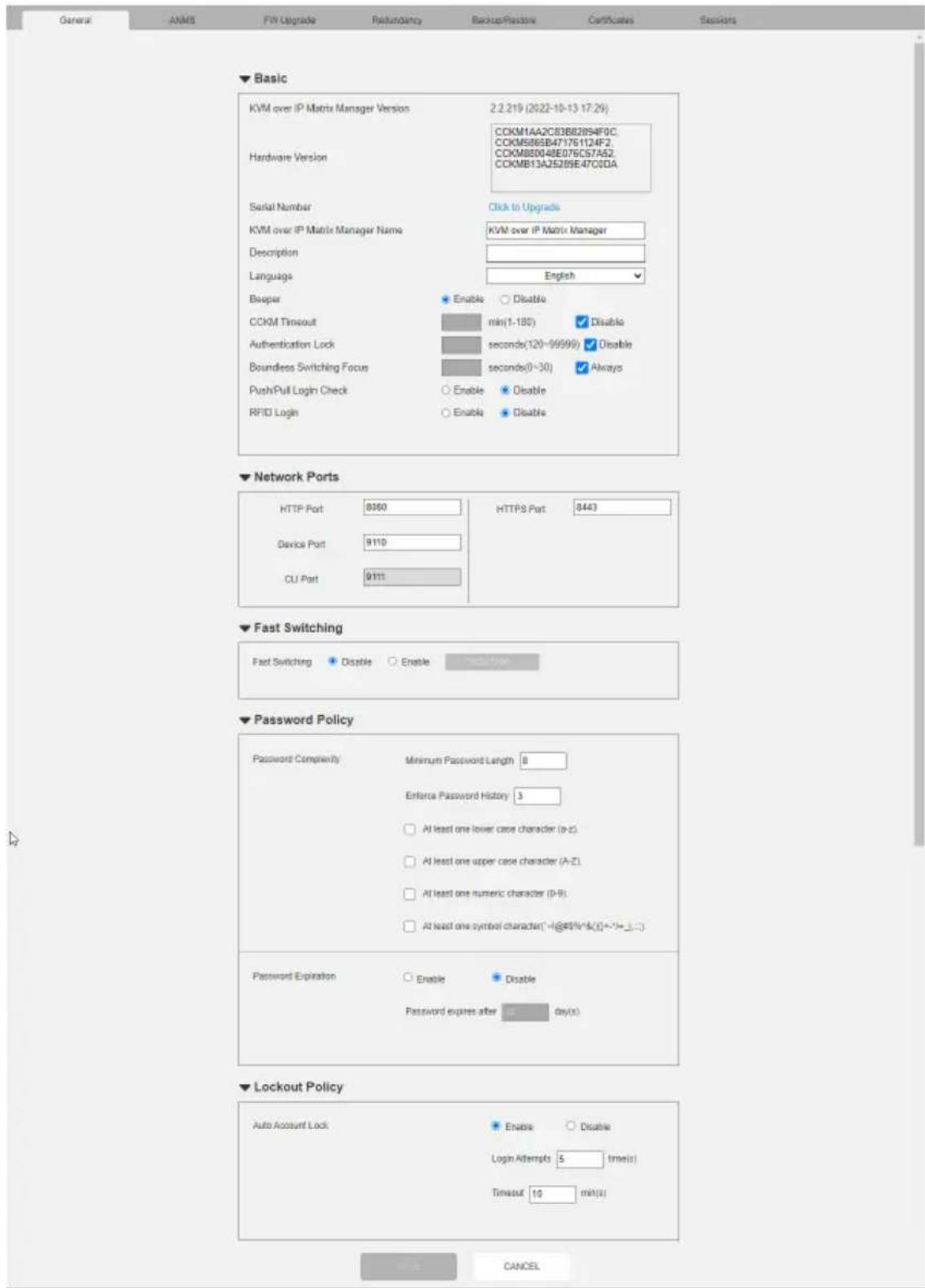 General ANMS FIN Upgrade Refrumbency Backup/Restore Certificates Sessions ▼ Basic KVM over IP Matrix Manager Version 2.2.219 (2022-10-13 17:29) Hardware Version CCKM1AA2C8BB2B54F0C, CCKM6B6B471751124F2, CCKMB8D048E076C57A52, CCKMB13A252B9E47C0DA Serial Number Click to Upgrade KVM over IP Matrix Mana…
