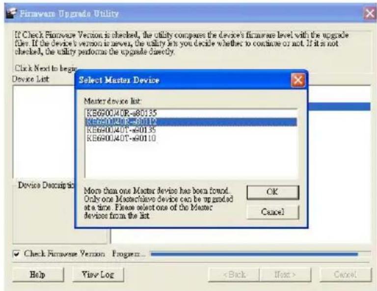 If Check Firmware Version is checked, the utility compares the device's firmware level with the upgrade file. If the device's version is never, the utility let you decide whether to continue or not. If it is not checked, the utility performs the upgrade directly. Click Next to begin Device List Sele…