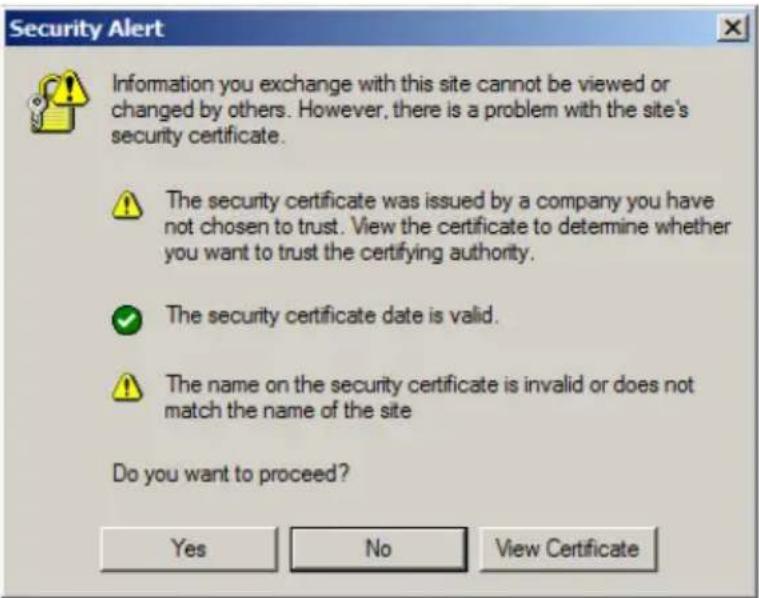 Security Alert Information you exchange with this site cannot be viewed or changed by others. However, there is a problem with the site's security certificate. The security certificate was issued by a company you have not chosen to trust. View the certificate to determine whether you want to trust t…