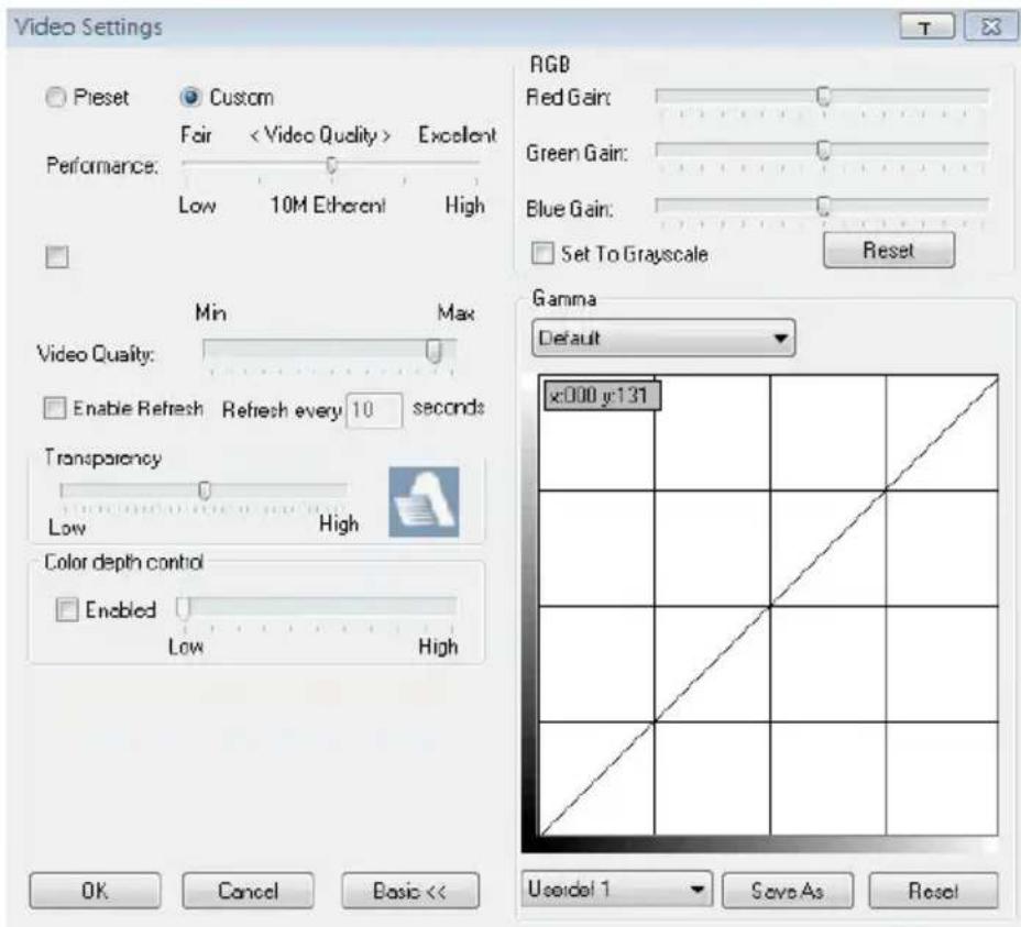 Video Settings Preset Custom Fair < Video Quality > Excellent Performance: Low 10M Etherent High RGB Red Gain: Green Gain: Blue Gain: Set To Grauscale Reset Min Max Video Quality: Enable Refresh Refresh every 10 seconds Transparency Low High Color depth control Enabled Low High OK Cancel Basic << Ga…