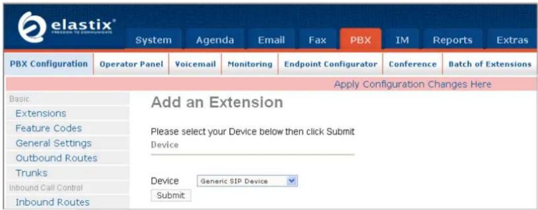 elastix® FREASON TO COMMUNICATIONS System Agenda Email Fax PBX IM Reports Extras PBX Configuration Operator Panel Voicemail Monitoring Endpoint Configurator Conference Batch of Extensions Apply Configuration Changes Here Basic Extensions Feature Codes General Settings Outbound Routes Trunks Inbound Call Control Inbound Routes Add an Extension Please select your Device below then click Submit Device Device Generic SIP Device Submit
