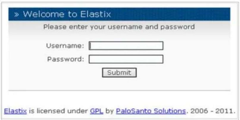 > Welcome to Elastix Please enter your username and password Username: Password: Submit Elastix is licensed under GPL by PaloSanto Solutions. 2006 - 2011.