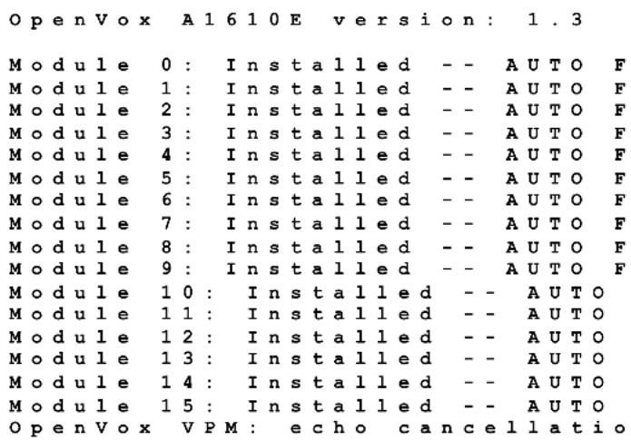 OpenVox A1610E version: 1.3 Module 0: Installed -- AUTO F Module 1: Installed -- AUTO F Module 2: Installed -- AUTO F Module 3: Installed -- AUTO F Module 4: Installed -- AUTO F Module 5: Installed -- AUTO F Module 6: Installed -- AUTO F Module 7: Installed -- AUTO F Module 8: Installed -- AUTO F Module 9: Installed -- AUTO F Module 10: Installed -- AUTO Module 11: Installed -- AUTO Module 12: Installed -- AUTO Module 13: Installed -- AUTO Module 14: Installed -- AUTO Module 15: Installed -- AUTO OpenVox VPM: echo cancellation