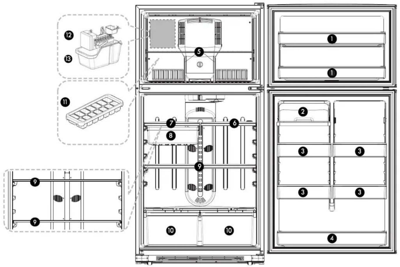 Technical diagram of a refrigerator interior with numbered components for identification and assembly reference.